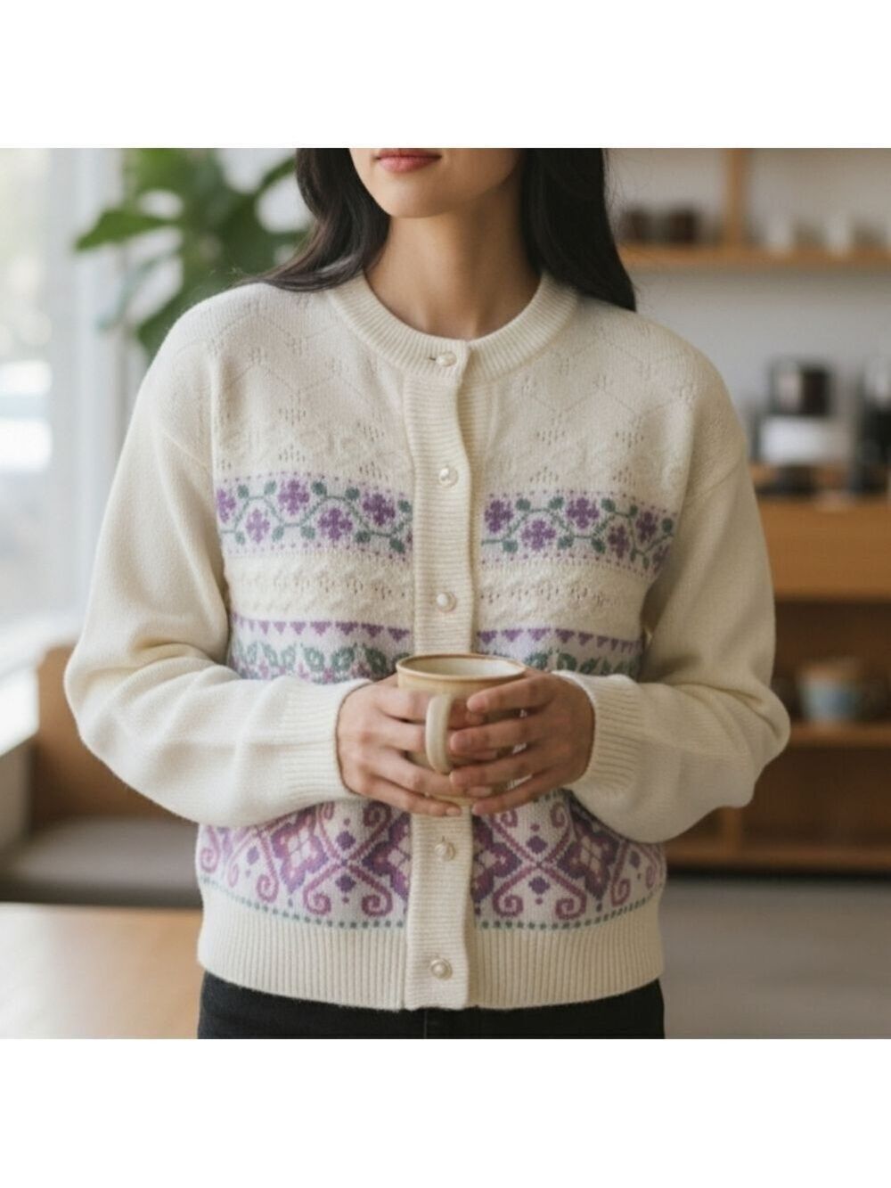 L - Vintage | Floral Knit Cardigan • Purple Sage Green Deco Print Button Front